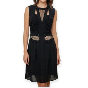 Mayle Black Silk Sleeveless Dress Size 8 Lace Panel Ruched Detail Cutout Bodice